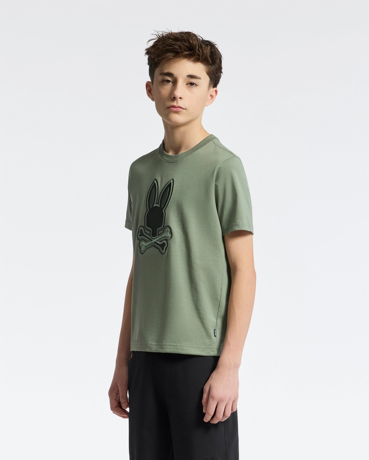 Teen | Kids' New Castle Embroidered Graphic Tee in green by Psycho Bunny, featuring a bold embroidered logo for a stylish, standout look.
