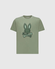 The KIDS NEW CASTLE EMBROIDERED GRAPHIC TEE by Psycho Bunny (B0U415F200) features a stylized embroidered bunny head above crossed bones, centrally positioned on the chest against a plain background. Made from Pima cotton.
