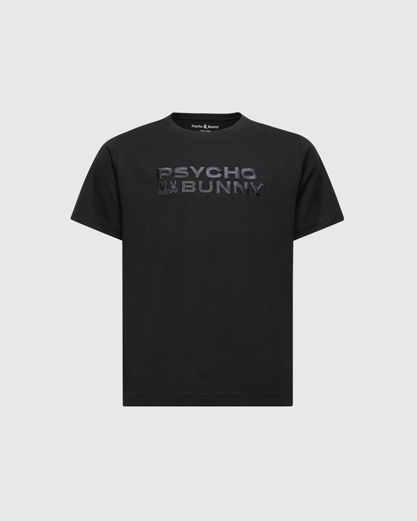 The KIDS BERNI EMBROIDERED WORDMARK GRAPHIC TEE (B0U417F200) by Psycho Bunny is a black Pima cotton T-shirt, made in Peru. It features "PSYCHO BUNNY" in large gray letters on the front, a classic round neck, short sleeves, and a small bunny graphic with crossbones underneath.