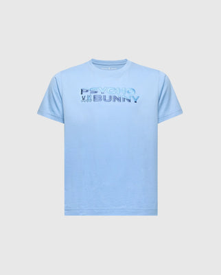 The KIDS BERNI EMBROIDERED WORDMARK GRAPHIC TEE - B0U417F200 by Psycho Bunny is a light blue, regular fit Pima cotton shirt featuring multicolored "Psycho Bunny" text on the front, with an embroidered bunny and crossbones logo on a plain background.