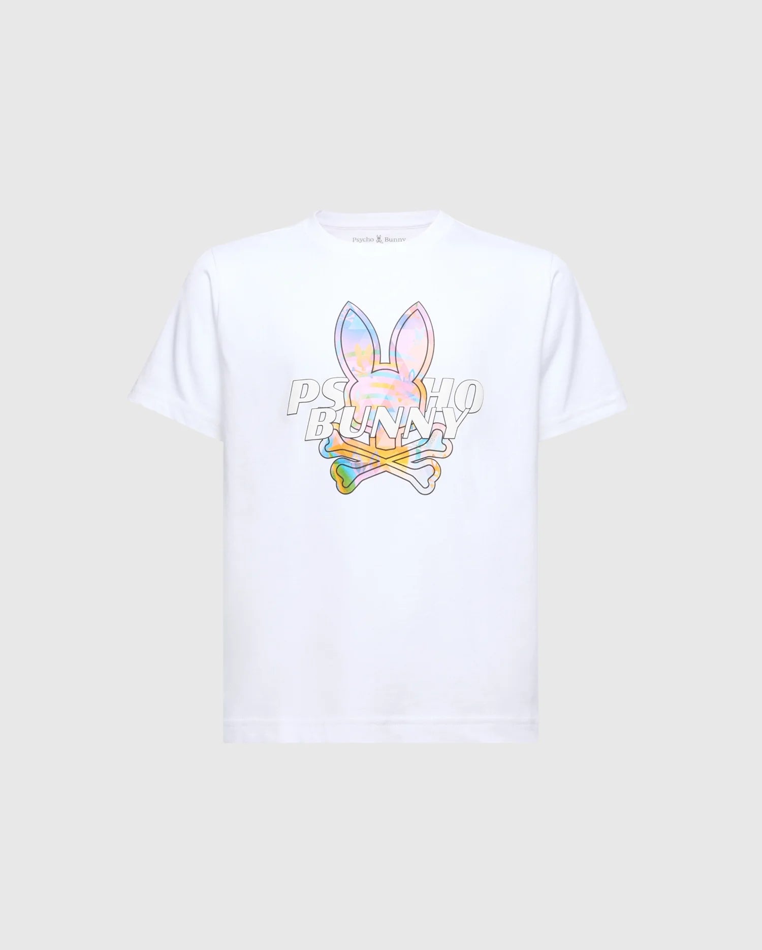 The KIDS MILOS GRAPHIC TEE - B0U456F200 by Psycho Bunny is crafted from luxurious Peruvian Pima cotton. It features a colorful space-age graphic of a bunny head with crossed bones and the 