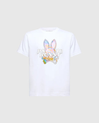 The KIDS MILOS GRAPHIC TEE - B0U456F200 by Psycho Bunny is crafted from luxurious Peruvian Pima cotton. It features a colorful space-age graphic of a bunny head with crossed bones and the "Psycho Bunny" text, centered against a plain gray background.