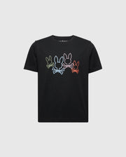 The KIDS SILVERDALE GRAPHIC TEE by Psycho Bunny (B0U499F200) is a black Pima cotton t-shirt with four vibrant bunny skull graphics in green, blue, pink, and orange. These are water-based prints on a plain background for comfort and durability.