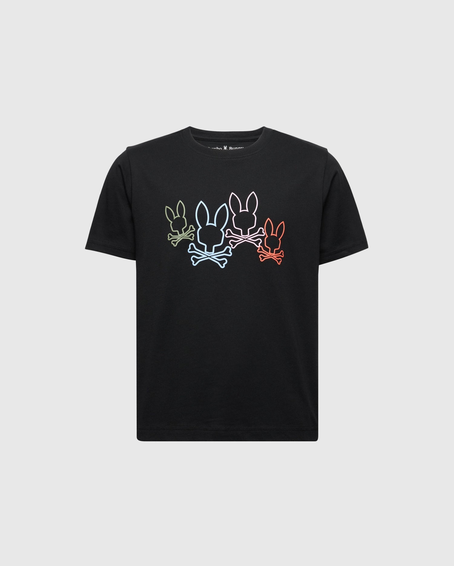The KIDS SILVERDALE GRAPHIC TEE by Psycho Bunny (B0U499F200) is a black Pima cotton t-shirt with four vibrant bunny skull graphics in green, blue, pink, and orange. These are water-based prints on a plain background for comfort and durability.