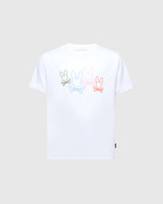 Made from soft Pima cotton, the Psycho Bunny KIDS SILVERDALE GRAPHIC TEE (B0U499F200) features a water-based print of four bunny skulls in green, blue, peach, and pink aligned horizontally on the chest.