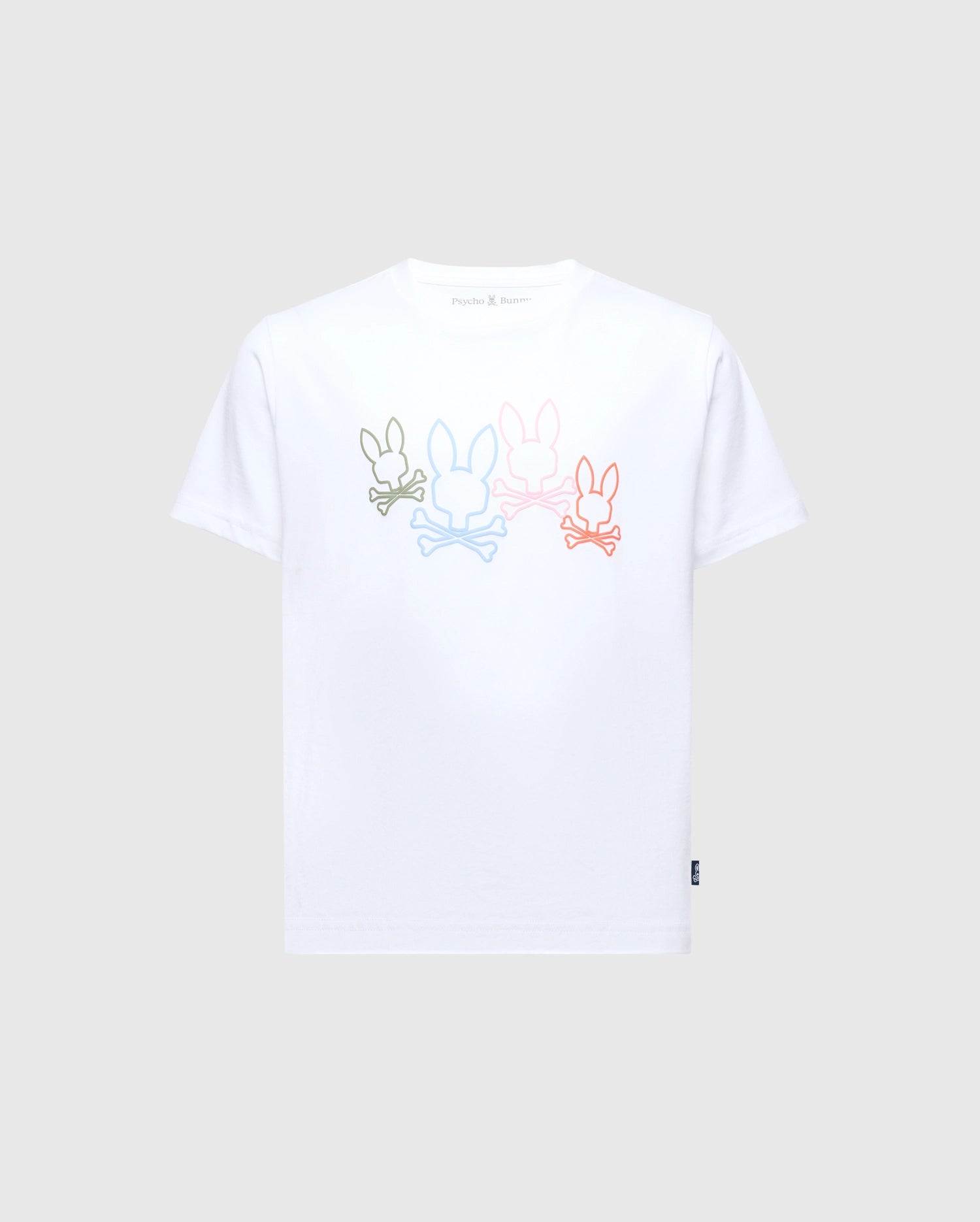 Made from soft Pima cotton, the Psycho Bunny KIDS SILVERDALE GRAPHIC TEE (B0U499F200) features a water-based print of four bunny skulls in green, blue, peach, and pink aligned horizontally on the chest.