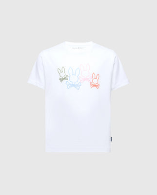 Made from soft Pima cotton, the Psycho Bunny KIDS SILVERDALE GRAPHIC TEE (B0U499F200) features a water-based print of four bunny skulls in green, blue, peach, and pink aligned horizontally on the chest.