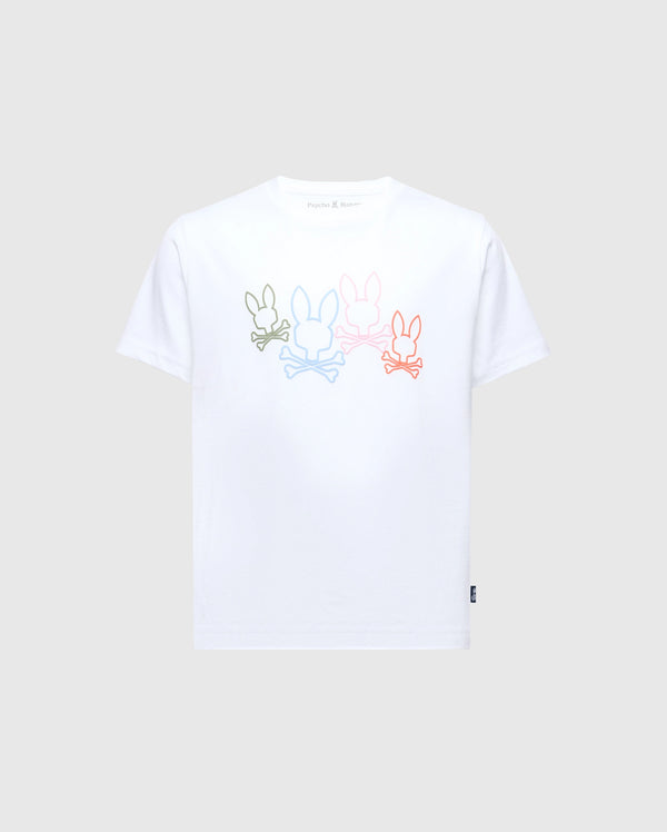 Made from soft Pima cotton, the Psycho Bunny KIDS SILVERDALE GRAPHIC TEE (B0U499F200) features a water-based print of four bunny skulls in green, blue, peach, and pink aligned horizontally on the chest.