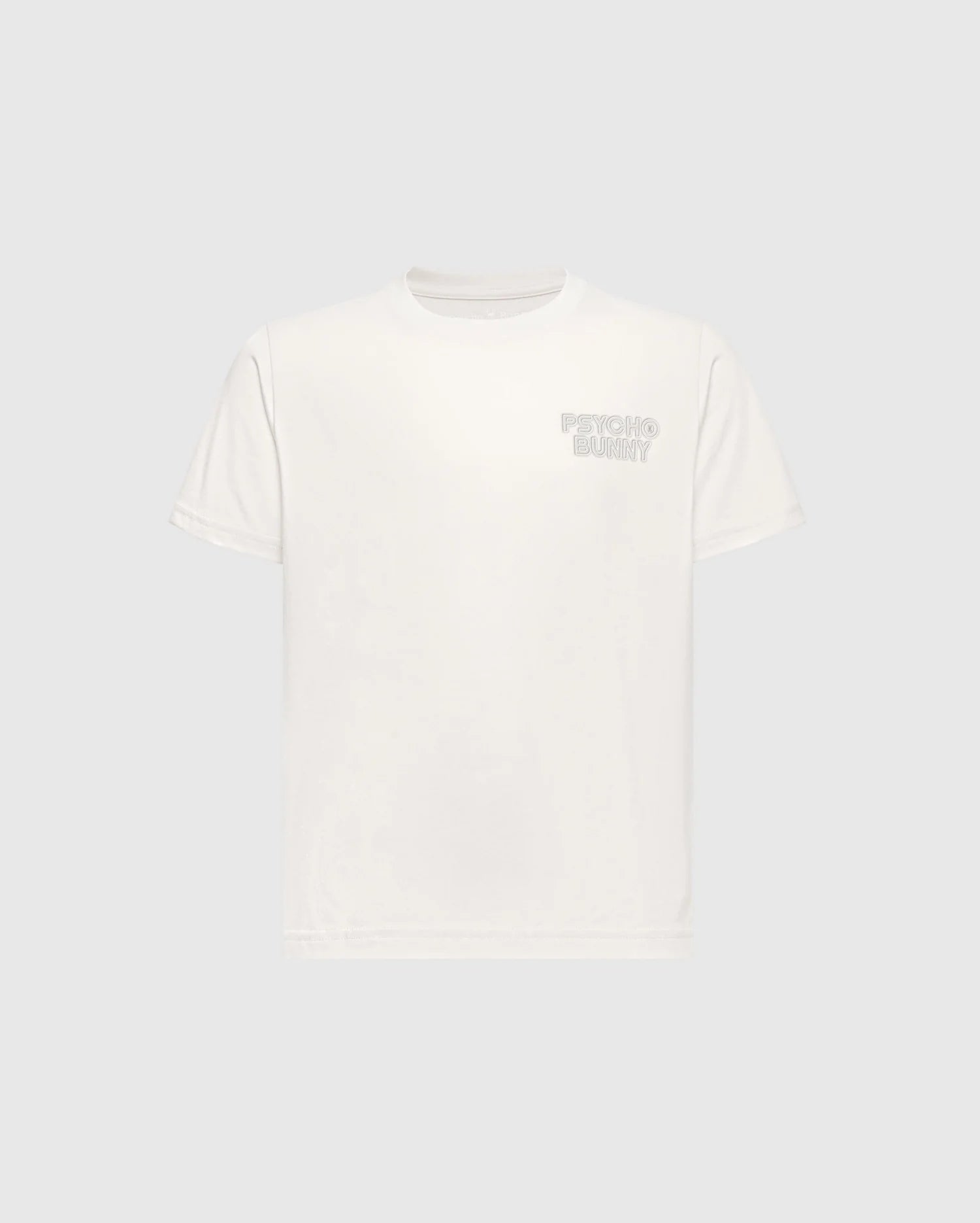 The KIDS SYDNEY BACK GRAPHIC TEE - B0U509F200 by Psycho Bunny is a white T-shirt made from soft Pima cotton, regular fit, with short sleeves and a small embroidered logo on the left chest against a plain light gray background.