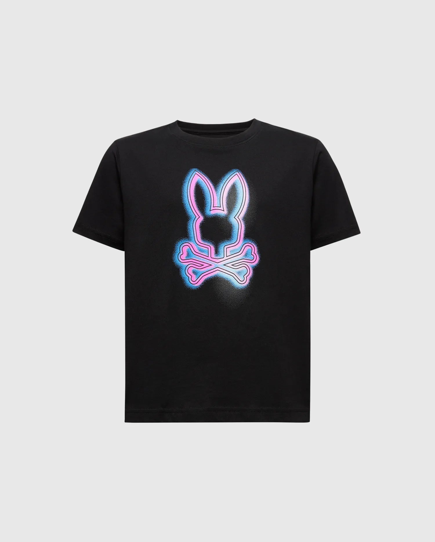 The KIDS ANDROS GRAPHIC TEE - B0U525F200 by Psycho Bunny is a black t-shirt made in Peru from premium Pima Cotton, featuring a striking neon pink and blue bunny design with crossed bones.