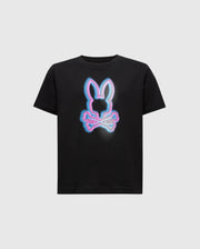 The KIDS ANDROS GRAPHIC TEE - B0U525F200 by Psycho Bunny is a black t-shirt made in Peru from premium Pima Cotton, featuring a striking neon pink and blue bunny design with crossed bones.