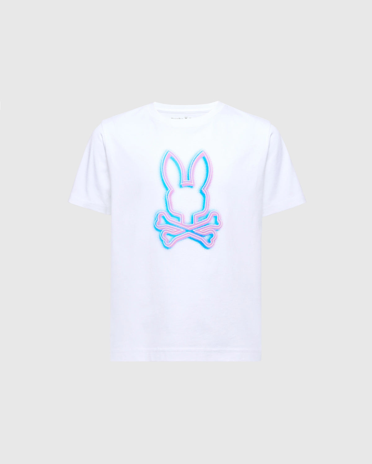 The KIDS ANDROS GRAPHIC TEE - B0U525F200 by Psycho Bunny is a white Pima cotton t-shirt featuring a vivid knit bunny design with a face above crossed bones. Neon-like blue and pink outlines provide vibrant color against a light gray background.