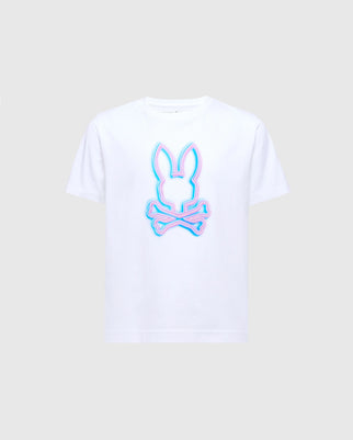 The KIDS ANDROS GRAPHIC TEE - B0U525F200 by Psycho Bunny is a white Pima cotton t-shirt featuring a vivid knit bunny design with a face above crossed bones. Neon-like blue and pink outlines provide vibrant color against a light gray background.