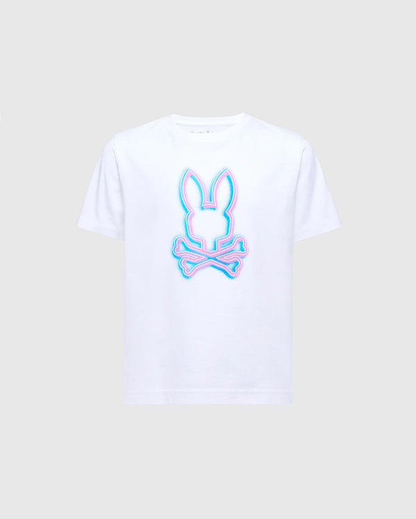 The KIDS ANDROS GRAPHIC TEE - B0U525F200 by Psycho Bunny is a white Pima cotton t-shirt featuring a vivid knit bunny design with a face above crossed bones. Neon-like blue and pink outlines provide vibrant color against a light gray background.