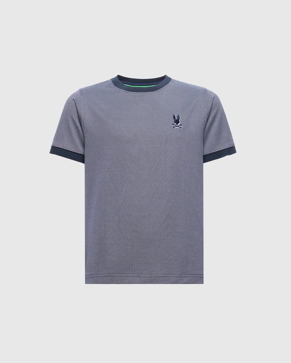 The Psycho Bunny KIDS MACKAY JACQUARD FASHION TEE (B0U576F200) is a light blue, short-sleeved tee with dark blue collar and cuffs, crafted from soft Pima cotton and featuring an embroidered bird logo on the left chest. Displayed on a white background.