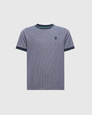 The Psycho Bunny KIDS MACKAY JACQUARD FASHION TEE (B0U576F200) is a light blue, short-sleeved tee with dark blue collar and cuffs, crafted from soft Pima cotton and featuring an embroidered bird logo on the left chest. Displayed on a white background.