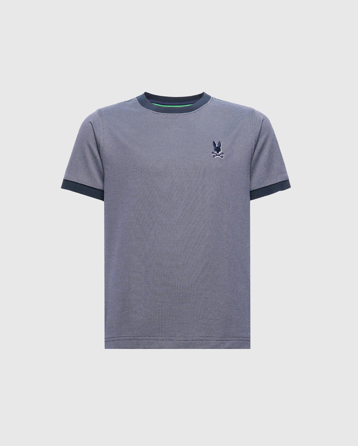 The Psycho Bunny KIDS MACKAY JACQUARD FASHION TEE (B0U576F200) is a light blue, short-sleeved tee with dark blue collar and cuffs, crafted from soft Pima cotton and featuring an embroidered bird logo on the left chest. Displayed on a white background.