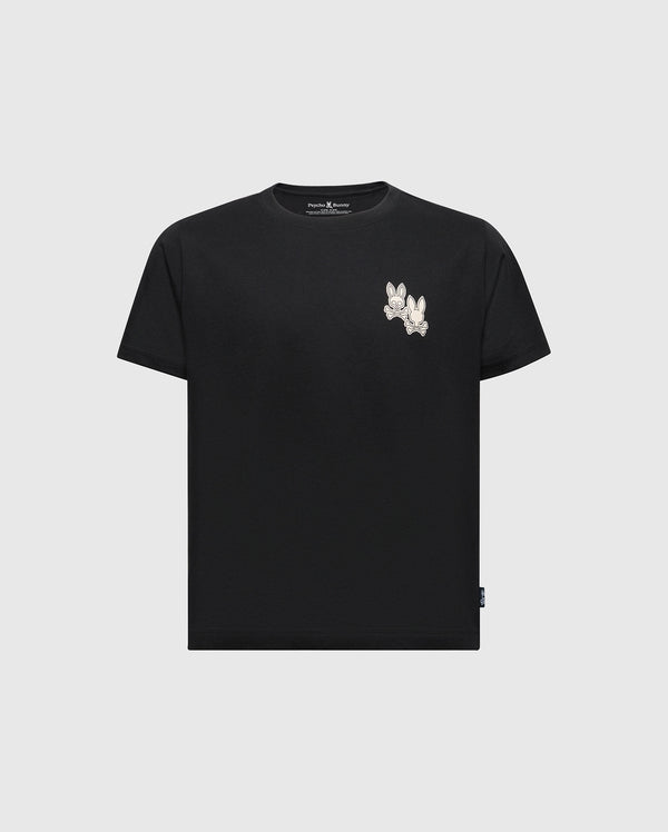 The KIDS ELLIOT FRONT BACK GRAPHIC TEE by Psycho Bunny is a black Pima cotton T-shirt featuring a small white embroidery near the left neckline. This simple piece has short sleeves and a round neck, combining premium comfort with style.