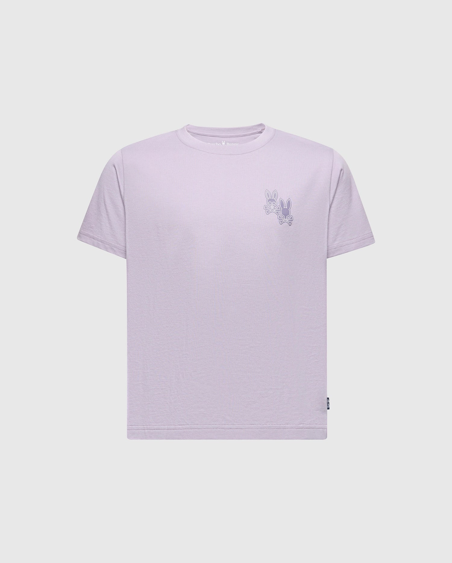 A light purple KIDS ELLIOT FRONT BACK GRAPHIC TEE by Psycho Bunny, crafted from Pima cotton and featuring a small embroidered design of two rabbits on the left chest, displayed against a plain background.