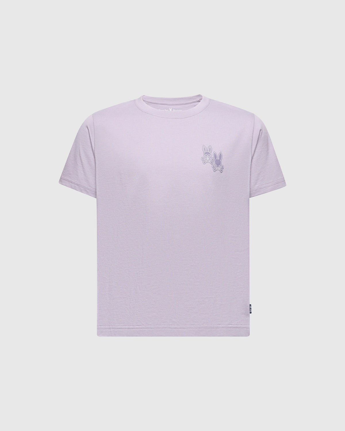 A light purple KIDS ELLIOT FRONT BACK GRAPHIC TEE by Psycho Bunny, crafted from Pima cotton and featuring a small embroidered design of two rabbits on the left chest, displayed against a plain background.