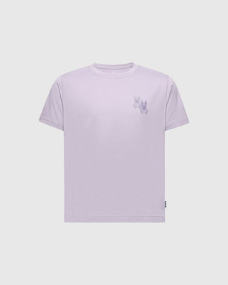 A light purple KIDS ELLIOT FRONT BACK GRAPHIC TEE by Psycho Bunny, crafted from Pima cotton and featuring a small embroidered design of two rabbits on the left chest, displayed against a plain background.