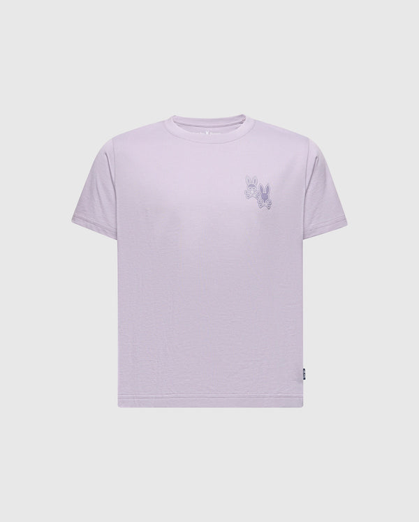 A light purple KIDS ELLIOT FRONT BACK GRAPHIC TEE by Psycho Bunny, crafted from Pima cotton and featuring a small embroidered design of two rabbits on the left chest, displayed against a plain background.