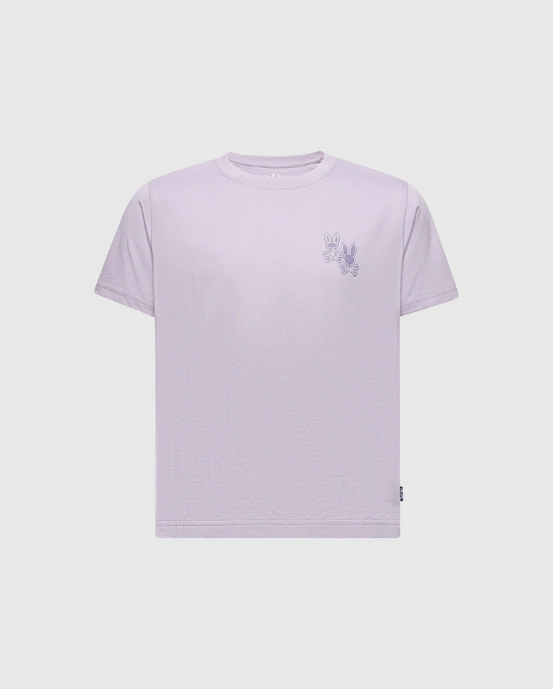 A light purple KIDS ELLIOT FRONT BACK GRAPHIC TEE by Psycho Bunny, crafted from Pima cotton and featuring a small embroidered design of two rabbits on the left chest, displayed against a plain background.
