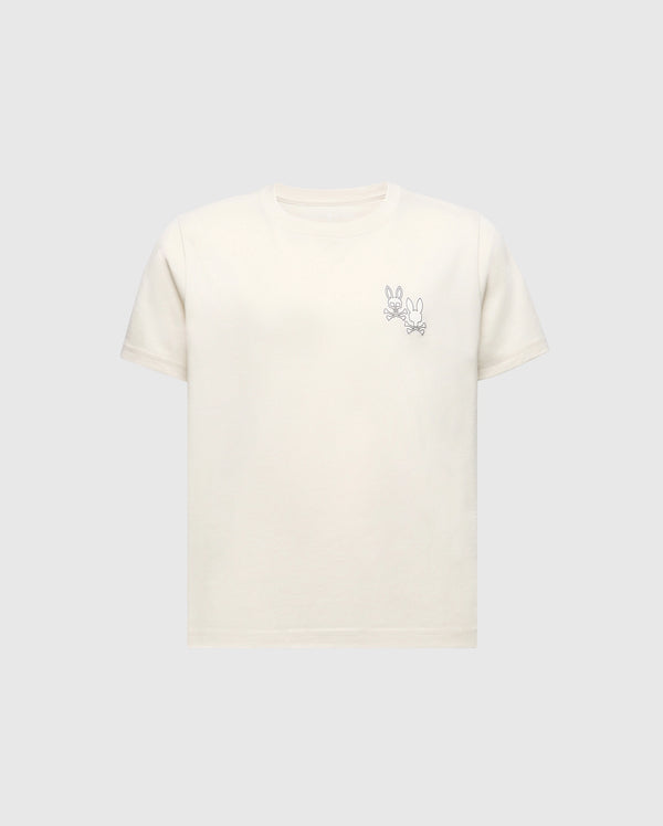 The Psycho Bunny KIDS ELLIOT FRONT BACK GRAPHIC TEE (B0U605F200) is a light beige Pima cotton shirt featuring an eco-friendly water-based print of a simple cartoon rabbit line drawing on the upper left, set against a plain grey background.