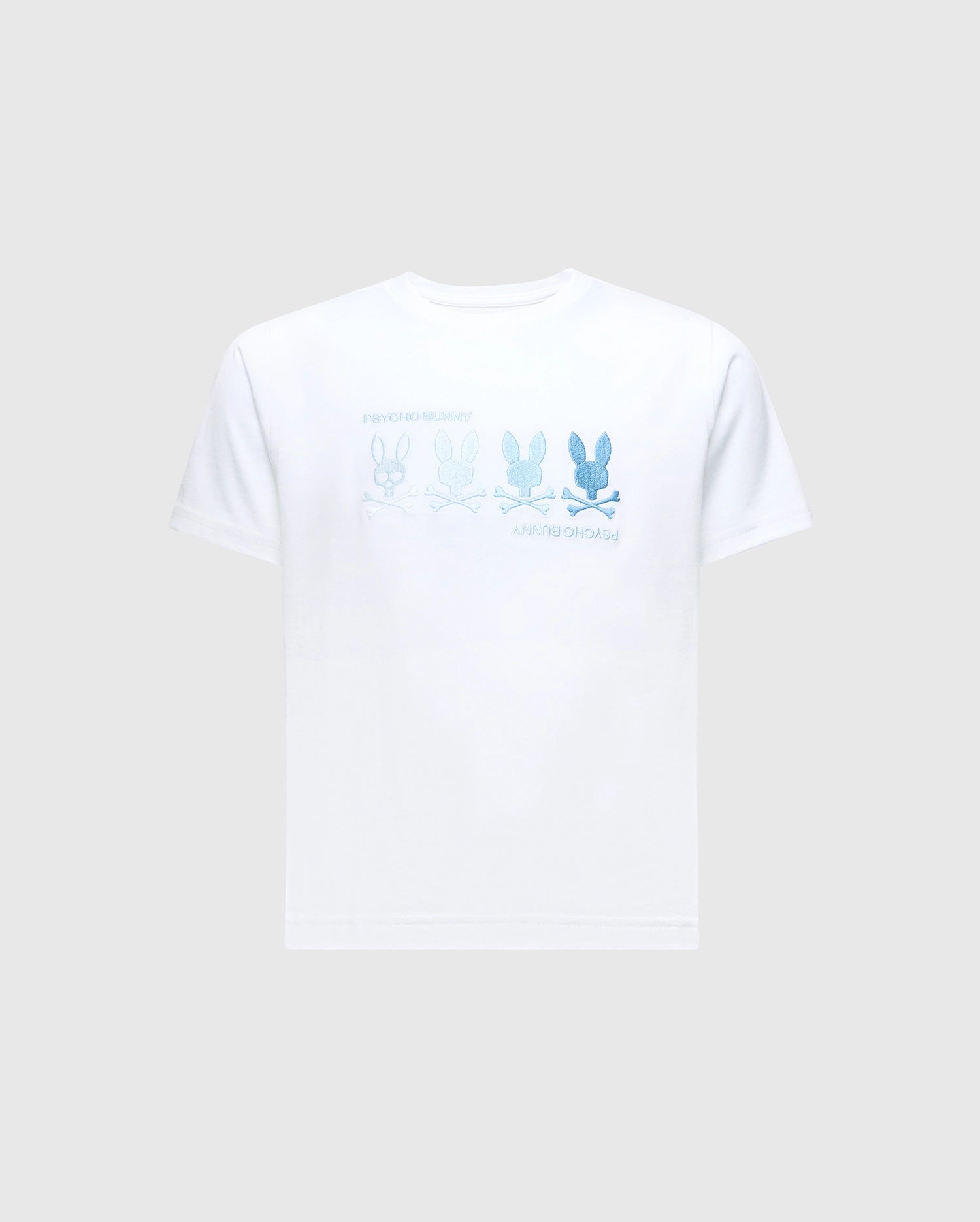 The KIDS OCEANIA EMBROIDERED GRAPHIC TEE by Psycho Bunny showcases four stylized blue bunny outlines with retro vibes and the 