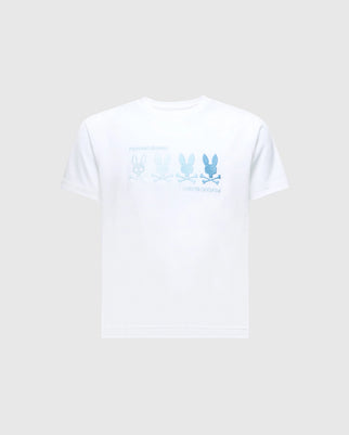 The KIDS OCEANIA EMBROIDERED GRAPHIC TEE by Psycho Bunny showcases four stylized blue bunny outlines with retro vibes and the "Psycho Bunny" text above them, set against a soft gray background.