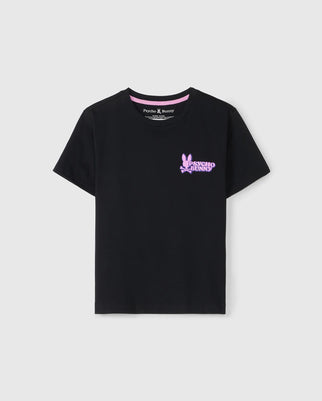 This KIDS REDLAND GRAPHIC TEE - B0U613C200 by Psycho Bunny is a short-sleeved, black Pima cotton T-shirt featuring a small pink bunny graphic and the words "Psycho Bunny" on the left chest. The neckline is lined with pink, set against a plain white background.