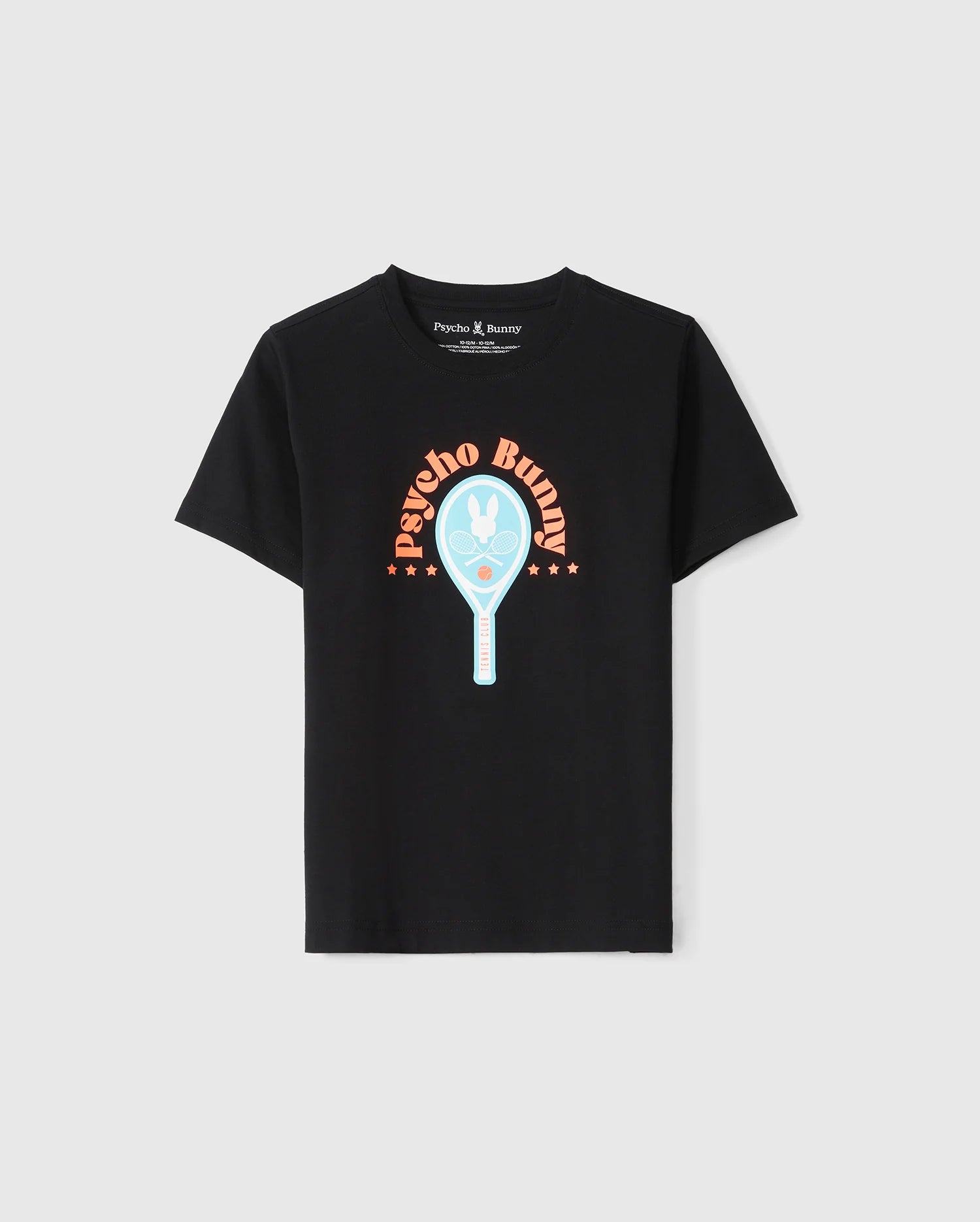 The KIDS COURTSIDE GRAPHIC TEE - B0U682C200 by Psycho Bunny is a black T-shirt featuring a graphic design in the center. The design showcases a blue and white tennis racket with the iconic bunny logo inside it. Above the racket, the words 