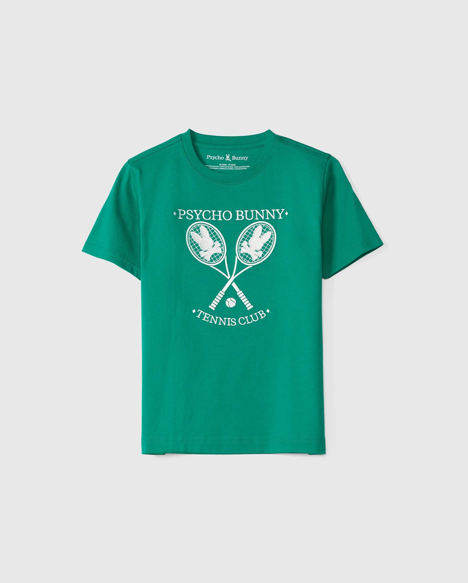 The KIDS COURTSIDE GRAPHIC TEE - B0U684C200 by Psycho Bunny is a green Pima cotton jersey tee featuring a white graphic of crossed tennis rackets and balls, 