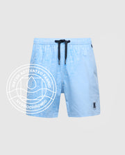 The KIDS SAMOS HYDROCHROMIC PRINTED SWIM TRUNK by Psycho Bunny features a light blue pattern, black drawstring, and bunny logo. Water-activated Hydrochromic fabric reveals hidden designs—ideal with your waterproof bag for pool days.