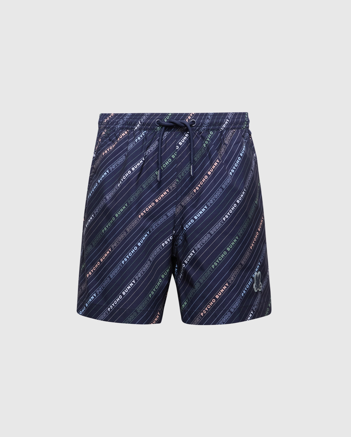 The KIDS RENMARK PB PRINTED SWIM TRUNK - B0W622F200 by Psycho Bunny, in navy blue, features diagonal multicolored stripes with repetitive text and an allover logo-patterned print. It includes a drawstring waist and a small logo on the lower left.