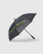 A black GOLF UMBRELLA - B6A624C200 with the brand name "Psycho Bunny" printed in large neon green and smaller white text all over. Designed for die-hard golfers, this sleek, modern golf collapsible umbrella features a straight black handle and reliability you can count on.