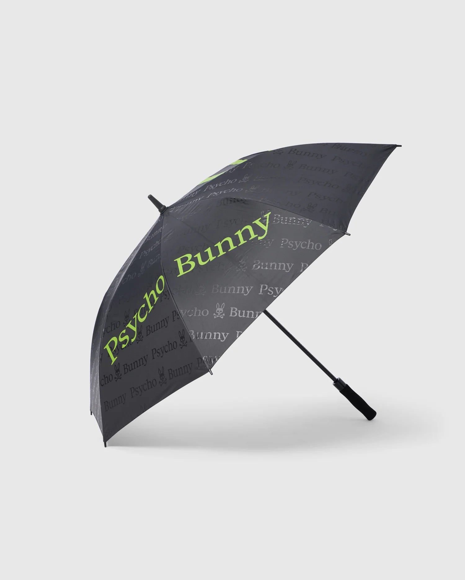 A black GOLF UMBRELLA - B6A624C200 with the brand name "Psycho Bunny" printed in large neon green and smaller white text all over. Designed for die-hard golfers, this sleek, modern golf collapsible umbrella features a straight black handle and reliability you can count on.