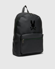 The MENS RUBBERIZED BACKPACK - B6A637F200 from Psycho Bunny is sleek with a subtle gloss finish, offering both functionality and durability. It includes a front zipper pocket and spacious top pocket. The minimalist bunny with crossbones logo adds an edgy touch to its design.