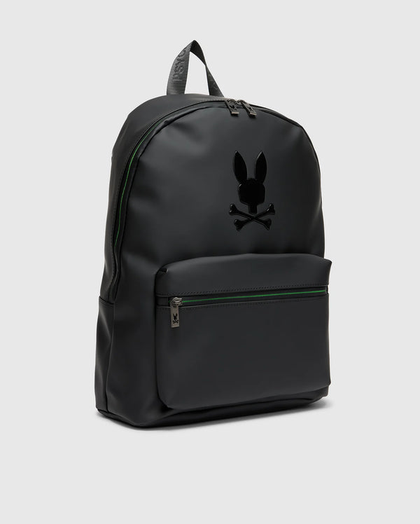 The MENS RUBBERIZED BACKPACK - B6A637F200 from Psycho Bunny is sleek with a subtle gloss finish, offering both functionality and durability. It includes a front zipper pocket and spacious top pocket. The minimalist bunny with crossbones logo adds an edgy touch to its design.