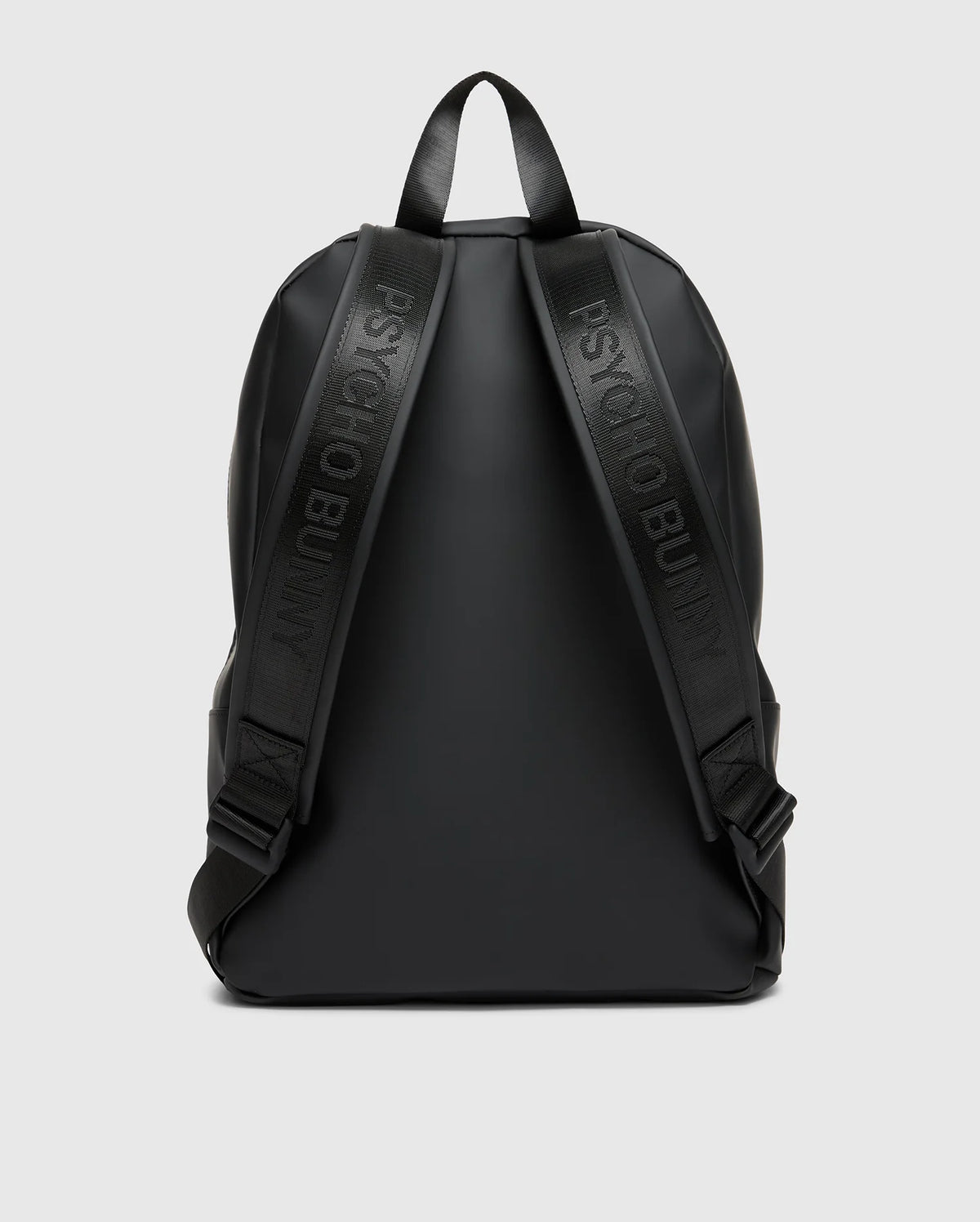 The MENS RUBBERIZED BACKPACK - B6A637F200 by Psycho Bunny is a sleek, black backpack with the brand name embossed on its straps, set against a light gray backdrop. Its minimalist design features smooth material and clean lines that highlight functionality and outstanding durability without sacrificing style.