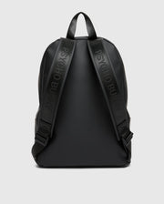 The MENS RUBBERIZED BACKPACK - B6A637F200 by Psycho Bunny is a sleek, black backpack with the brand name embossed on its straps, set against a light gray backdrop. Its minimalist design features smooth material and clean lines that highlight functionality and outstanding durability without sacrificing style.