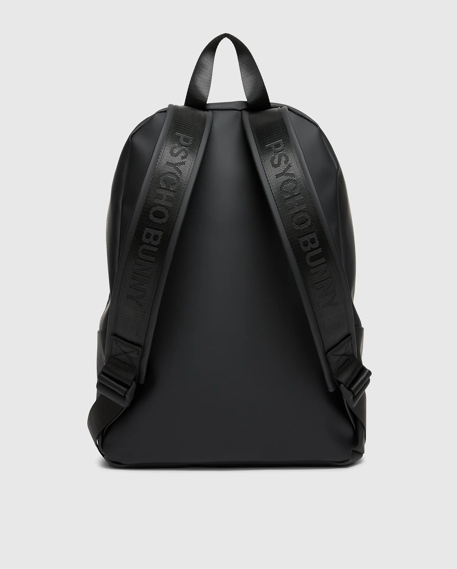 The MENS RUBBERIZED BACKPACK - B6A637F200 by Psycho Bunny is a sleek, black backpack with the brand name embossed on its straps, set against a light gray backdrop. Its minimalist design features smooth material and clean lines that highlight functionality and outstanding durability without sacrificing style.