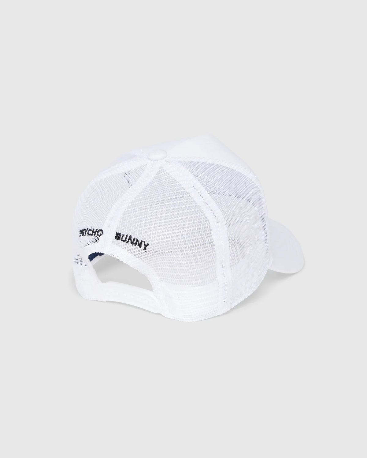 The MENS BUNNY PATCH TRUCKER CAP - B6A965C200 by Psycho Bunny is a white mesh baseball cap with a solid brim and adjustable strap. It features "Psycho Bunny" text on the side for a sporty, casual trucker hat style.