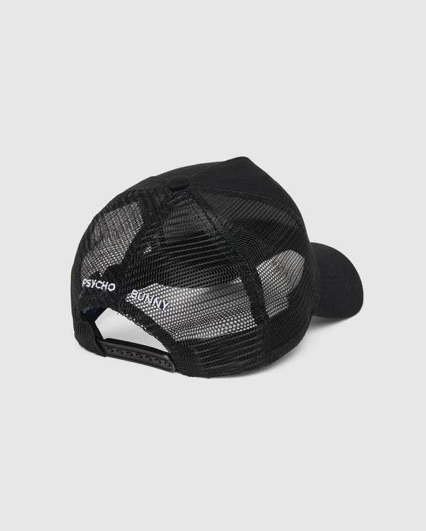Psycho Bunny MENS BUNNY PATCH TRUCKER HAT - B6A965Y1HT with a mesh back and "PSYCHO BUNNY" patch logo on the side, photographed on a white background.