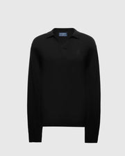 The Psycho Bunny MENS JOHNNY COLLAR SWEATER (B6E258E200) is a black, long-sleeve men's sweater boasting a stylish Johnny collar and subtle chest emblem, made from soft cotton-wool blend. Displayed on a plain gray background.