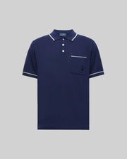 The Psycho Bunny Mens Longford Fine Knit Polo (B6E500F200) is a navy slim-fit polo in fine-knit jersey with white-trimmed collar, sleeves, and pocket, featuring a button placket and an embroidered logo on the chest pocket.