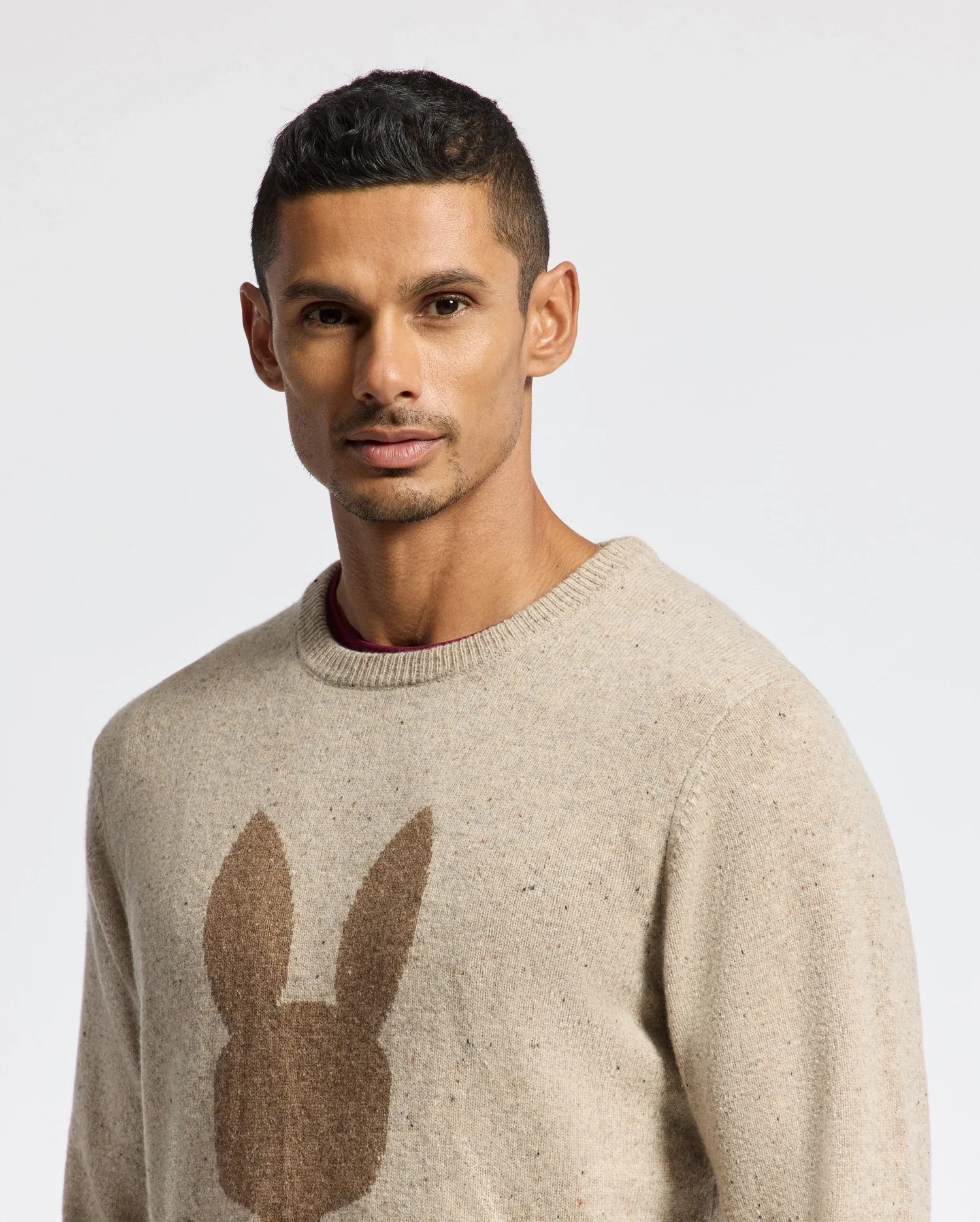 A man wearing a MENS LINCOLN MERINO WOOL SWEATER by Psycho Bunny, featuring a brown bunny silhouette design on the front. He has short, dark hair and a neatly trimmed beard, making it ideal for cold weather. The background is plain white.