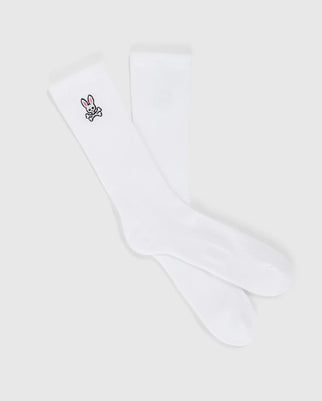 MENS FASHION SOCKS - B6F486C200 by Psycho Bunny are crafted from Pima cotton, featuring a charming embroidered white rabbit outlined in black with pink accents on a light gray background.