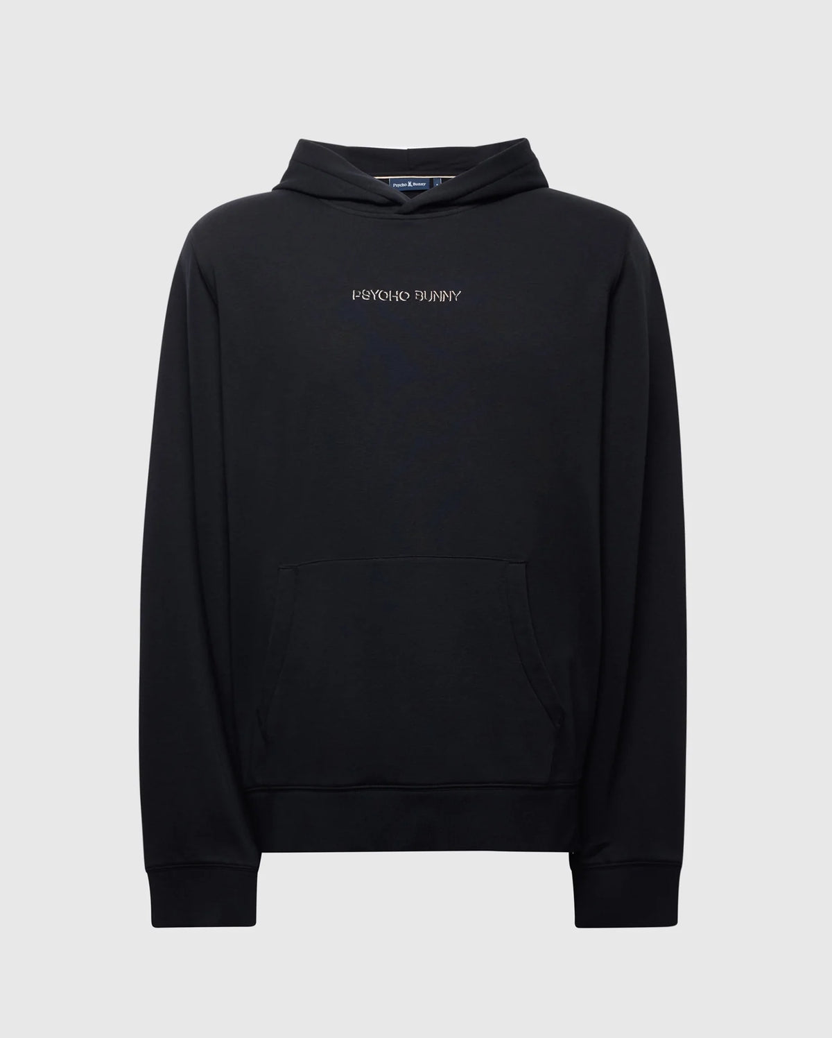 The Psycho Bunny MENS NORA CLASSIC FRENCH TERRY WORDMARK HOODIE (B6H434F200) in black, made from soft French terry with a front pocket and embroidered "PSYCHO BUNNY" logo on the chest, is shown against a light gray background.