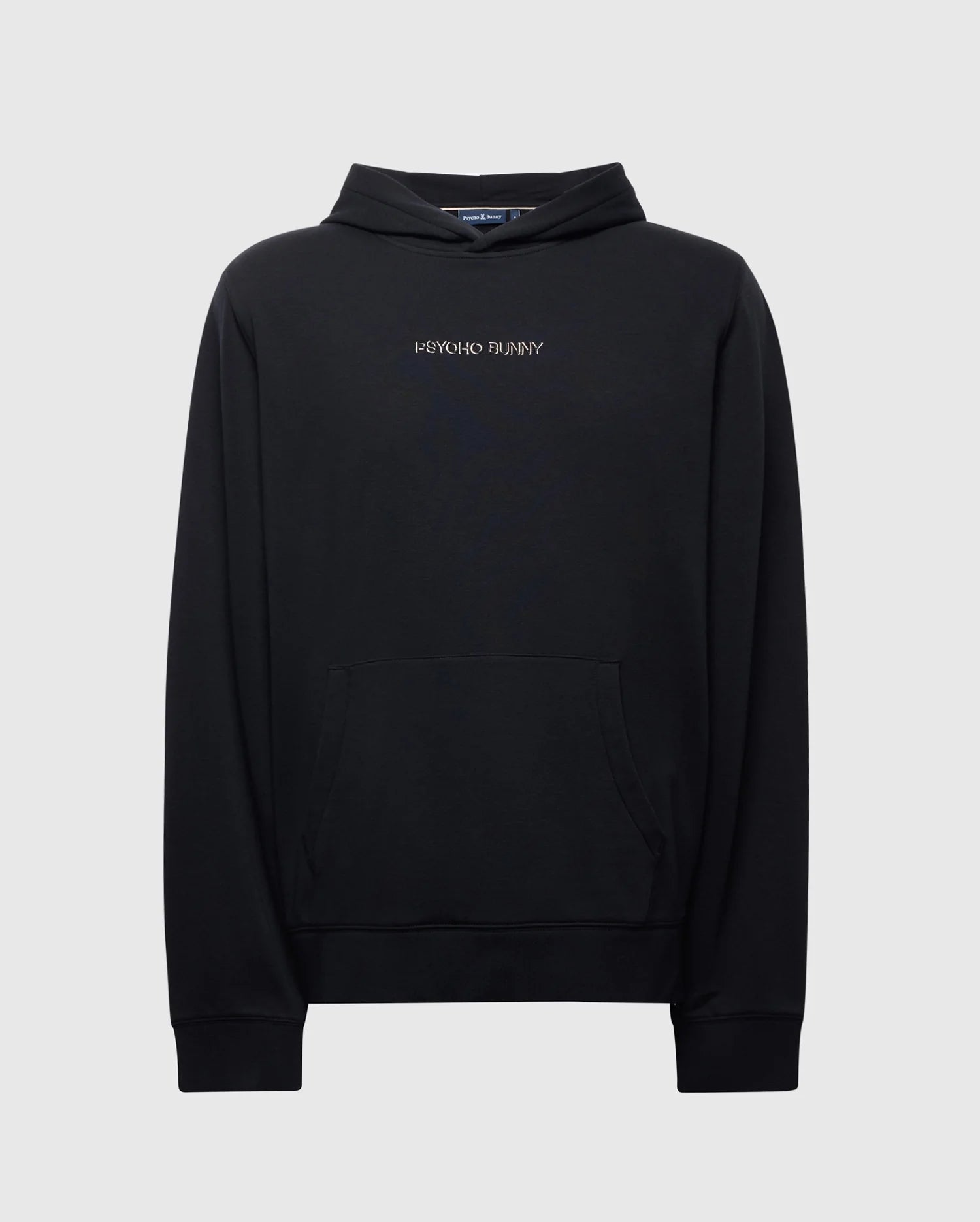 The Psycho Bunny MENS NORA CLASSIC FRENCH TERRY WORDMARK HOODIE (B6H434F200) in black, made from soft French terry with a front pocket and embroidered "PSYCHO BUNNY" logo on the chest, is shown against a light gray background.